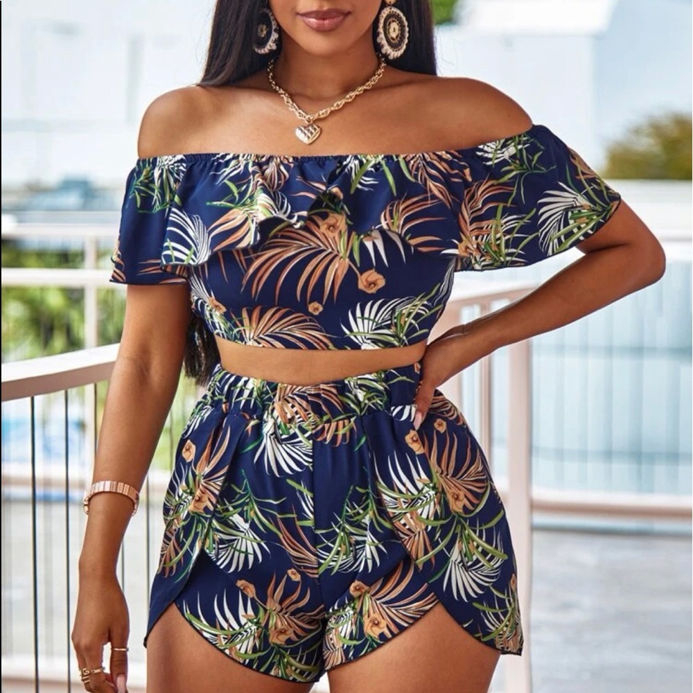 Off Shoulder Tropical Top & Wrap Hem Shorts.
